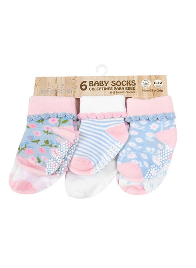 infancie - 6-Pack Non-Slip Grip Baby Cotton Socks (6-12 Months) White/Pink/Light Blue - Image 1