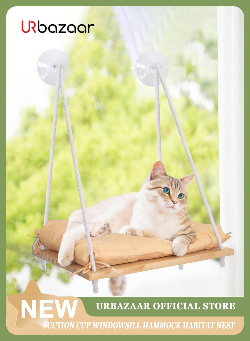 URbazaar Cat Window Perch - Cat Hammock for Window - Solid Wood Seat & Strong Suction Cups - Cat Window Bed & Furniture for Cats Inside - Hanging Window Shelf for Small Medium Indoor Cats - Image 1