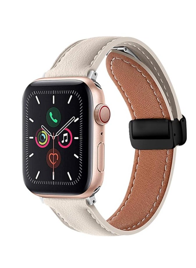 ten.tech - TenTech Leather Watch Band for Apple Watch Ultra/Ultra 2, Size 49mm 45mm 44mm 42, Genuine Leather Band with Magnetic Clasp for iWatch Series 9/8/7/6/5/4/3/2/1/ SE – starlight - Image 1