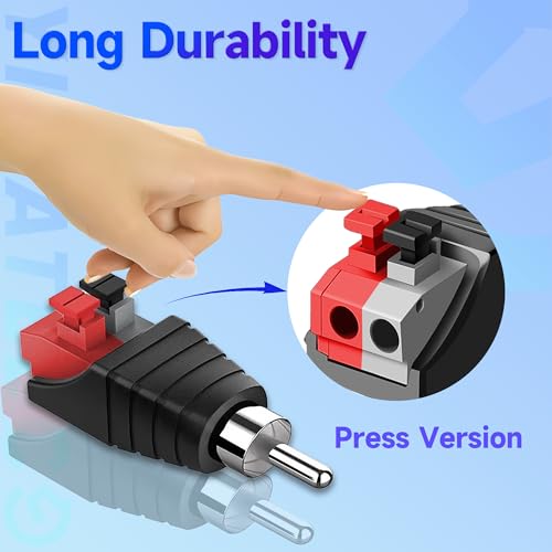YIMATEECO RCA to Speaker Wires Adapter, 6Pcs RCA Connector Male Plug to Spring Press Solderless Converter, Audio/Video Phono Speaker Wire to R-C-A Adapter (R-CA Male to AV 2 Female, 6 Packs) - Image 4