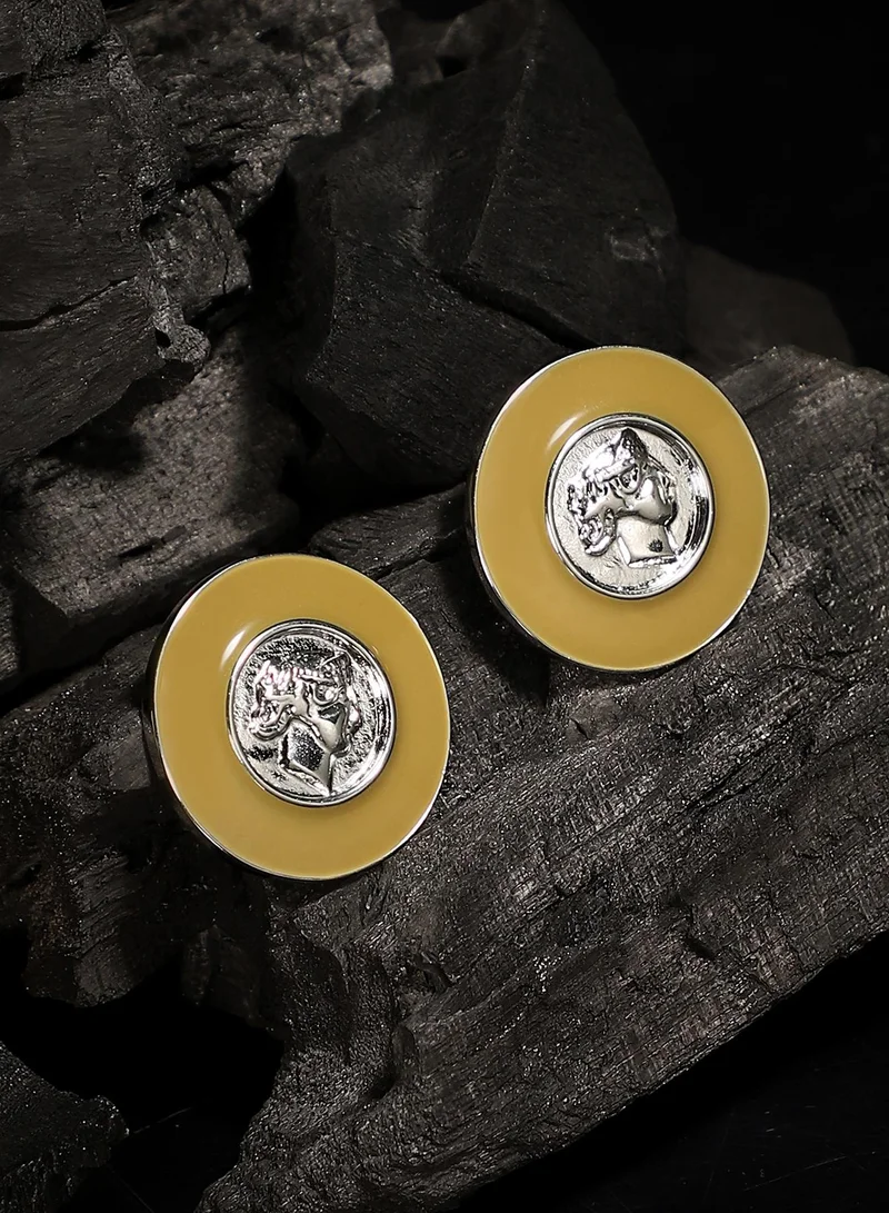 سوهي أقراط نسائية من المينا بتصميم عملة فضية معدنية، مقاس واحد، سبيكة معدنية، إغلاق بالدفع، مناسبة للارتداء اليومي والمسائي