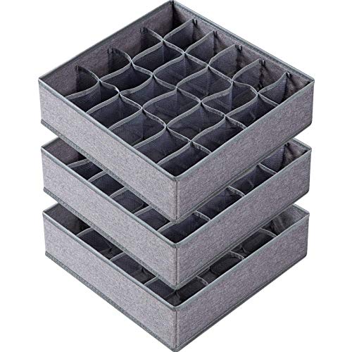 Criusia 3 Pack Sock Underwear Drawer Organizer Dividers, 64 Cell Fabric Foldable Dresser Organizer for Closet Organizers and Storage Boxes for Organizing Socks, Underwear, Ties (16+24+24 Cell, Gray) - Image 1