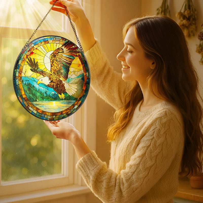 LAOWEIKI Bald Eagle Sun Catcher, 8 Inch Stained Glass Suncatcher, Stained Glass Window Hanging, Bald Eagle Indoor Decor, Idea Gift, Gift Exchange - Image 2