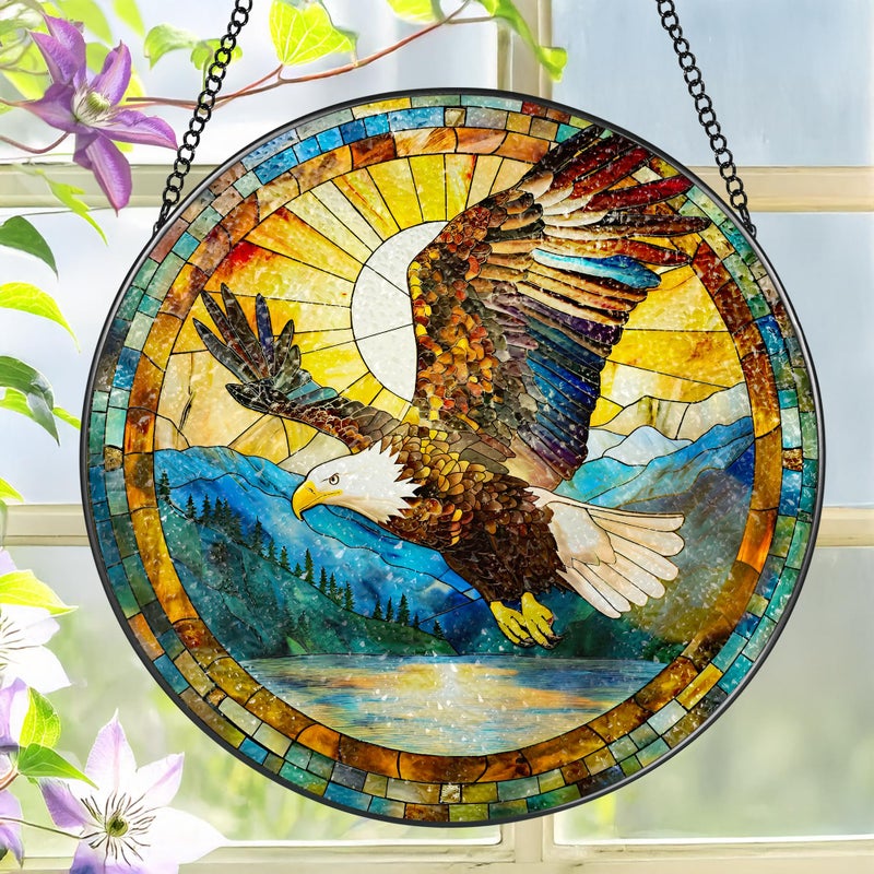 LAOWEIKI Bald Eagle Sun Catcher, 8 Inch Stained Glass Suncatcher, Stained Glass Window Hanging, Bald Eagle Indoor Decor, Idea Gift, Gift Exchange - Image 1