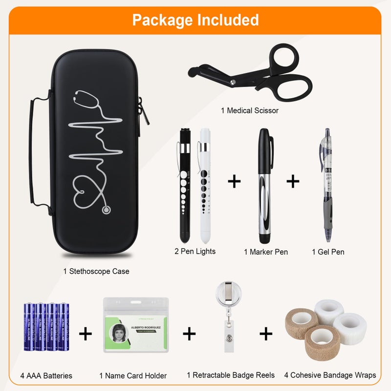 BOVKE 15 Pcs Stethoscope Case Sets Medical Supplies Include Stethoscope Case, Medical Scissors, 2 Penlights with Batteries, Bandage Wraps, Name Card Holder for Nursing School Tool Kits, Black - Image 2
