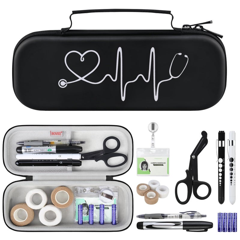 BOVKE 15 Pcs Stethoscope Case Sets Medical Supplies Include Stethoscope Case, Medical Scissors, 2 Penlights with Batteries, Bandage Wraps, Name Card Holder for Nursing School Tool Kits, Black - Image 1
