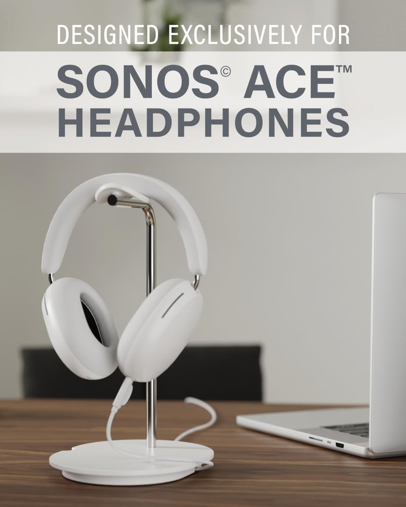 Sanus Sonos Ace Headphones Stand - Premium Stand w/Silicone Cradle Prevents Creasing & Built-in Cable Management w/Magnetic Clip for Fast Charging - Tool-Free Setup - White Sonos Headphones Holder - Image 2