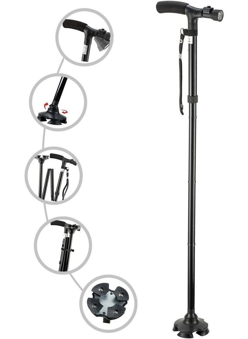 Folding Cane with Led Light, Adjustable Canes and Walking Sticks for Seniors, Walking Cane Stick for Men and Women with T Cushion  Handle and Pivoting Quad Base. - Image 1