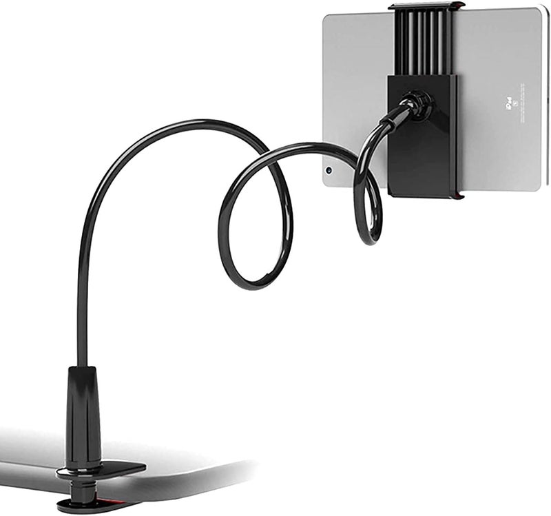 Delfino Tablet Phone Stand - Height & Angle Adjustable Swivel 360 Degree Rotation Gooseneck Flexible Arm Clamp Mount for 4.3" to 7.1" Tablets and All Smartphones - Black Metal Holder - Image 1