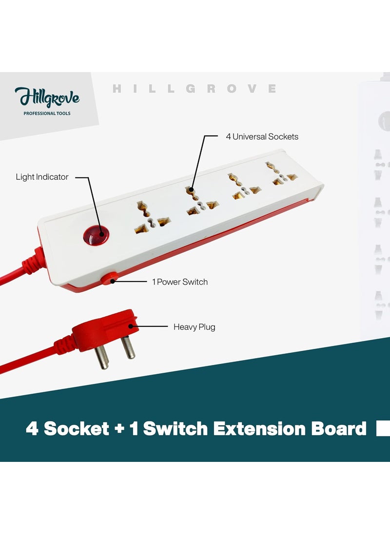 Hillgrove Hillgrove HGCM302M2 Power Extension Board with 4 Universal Socket 1 Switch with 3 Way MultiplePin Socket and 5 Meter Long Cable Surge Protector for HomeComputerFridge 4 Socket Extension Boards  - Image 2
