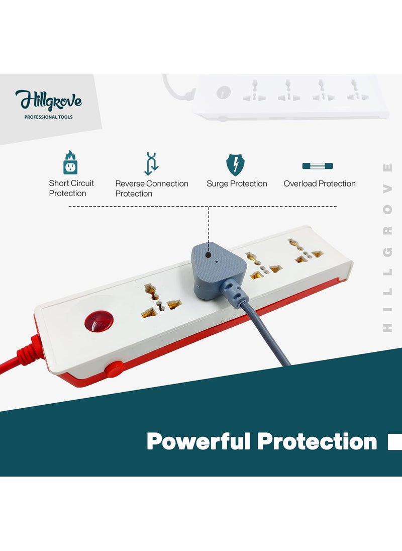 Hillgrove Hillgrove HGCM302M2 Power Extension Board with 4 Universal Socket 1 Switch with 3 Way MultiplePin Socket and 5 Meter Long Cable Surge Protector for HomeComputerFridge 4 Socket Extension Boards  - Image 4