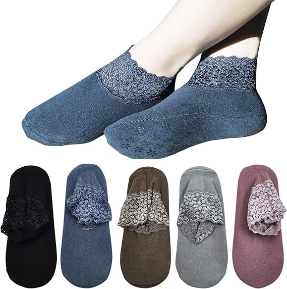 WKLOUYHE Lace Warm Socks, 5 Pairs No Show Socks, Lace Comfortable Thermal Cotton Ankle Boat Socks, Pop Invisible Socks with Non-slip Bases for Women Girls_Multicolour - Image 5
