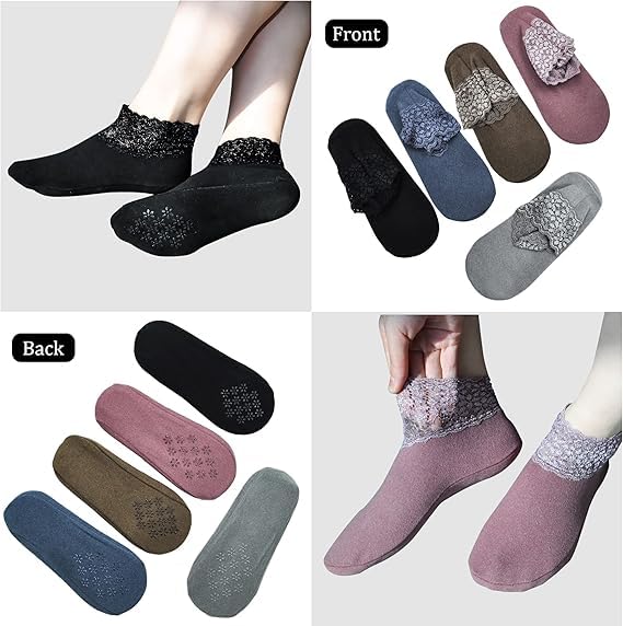 WKLOUYHE Lace Warm Socks, 5 Pairs No Show Socks, Lace Comfortable Thermal Cotton Ankle Boat Socks, Pop Invisible Socks with Non-slip Bases for Women Girls_Multicolour - Image 3