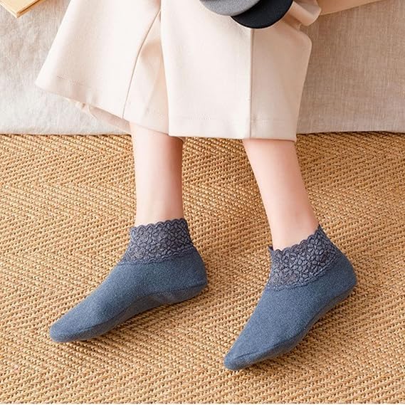 WKLOUYHE Lace Warm Socks, 5 Pairs No Show Socks, Lace Comfortable Thermal Cotton Ankle Boat Socks, Pop Invisible Socks with Non-slip Bases for Women Girls_Multicolour - Image 4