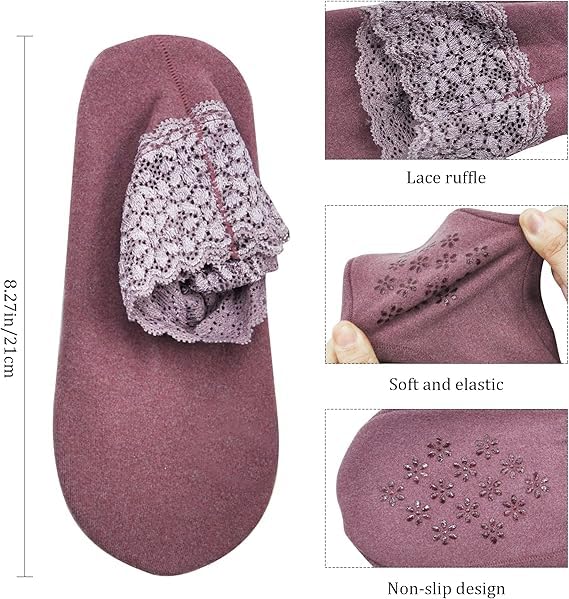 WKLOUYHE Lace Warm Socks, 5 Pairs No Show Socks, Lace Comfortable Thermal Cotton Ankle Boat Socks, Pop Invisible Socks with Non-slip Bases for Women Girls_Multicolour - Image 2