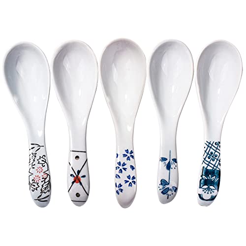 Cerficer Japanese Style Soup Spoon Set of 5 Asian Ceramic Ramen Spoons - Image 1