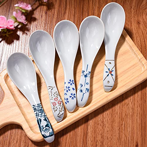 Cerficer Japanese Style Soup Spoon Set of 5 Asian Ceramic Ramen Spoons - Image 3