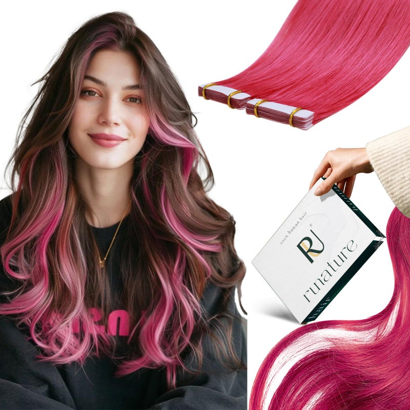 RUNATURE Tape in Hair Extensions Human Hair 22 Inch 25g 10pcs Hot Pink Hair Extensions Tape Ins Skin Weft Invisible Tape in Real Hair Extension for Women Full Ends Natural Remy Hair