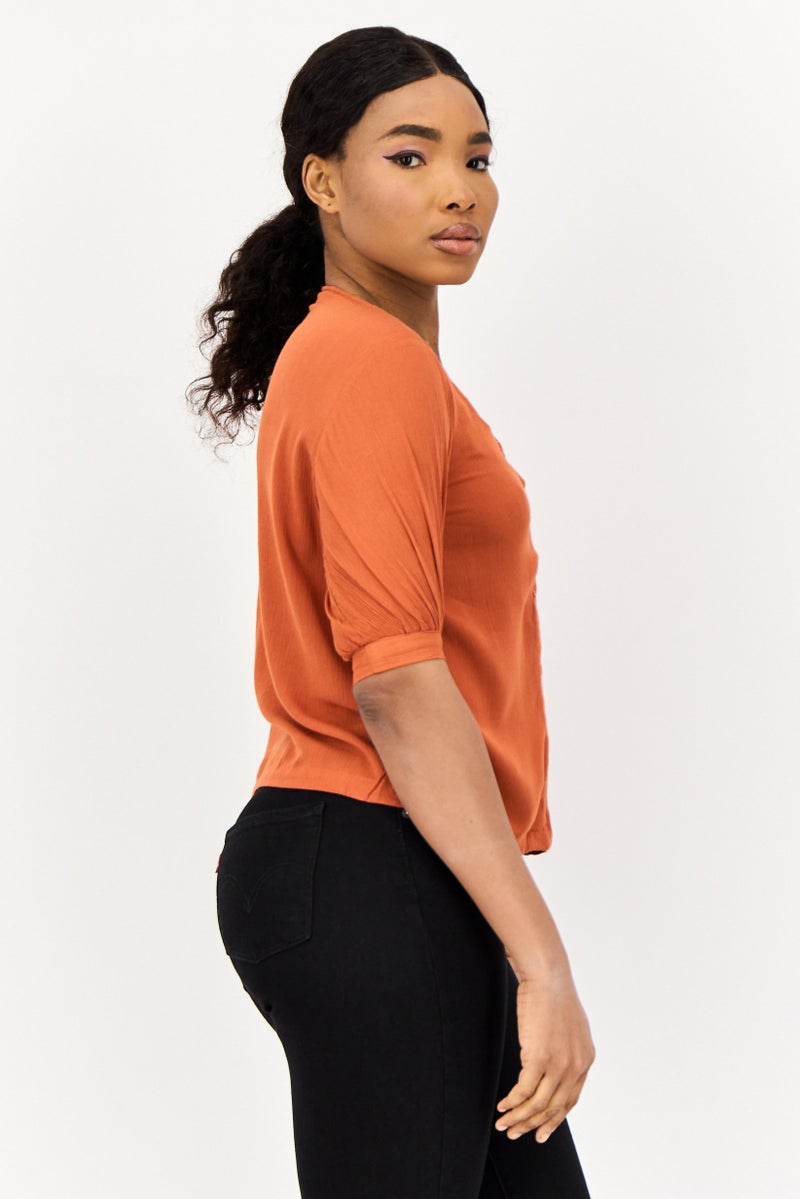 ONLY Women Round Neck Short Sleeve Plain Blouse, Rust Brown  - Image 3
