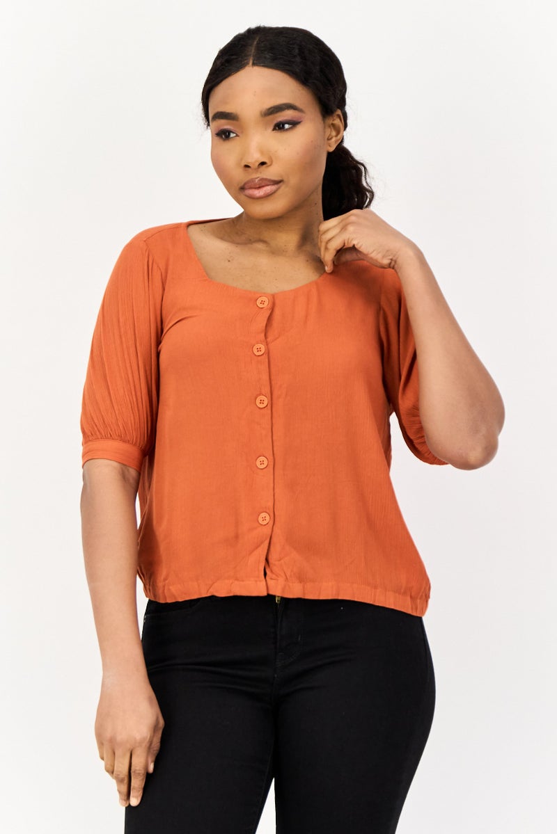ONLY Women Round Neck Short Sleeve Plain Blouse, Rust Brown  - Image 1