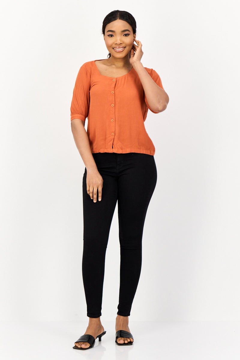 ONLY Women Round Neck Short Sleeve Plain Blouse, Rust Brown  - Image 4