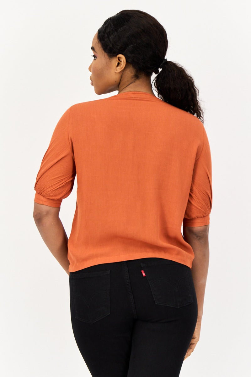 ONLY Women Round Neck Short Sleeve Plain Blouse, Rust Brown  - Image 2