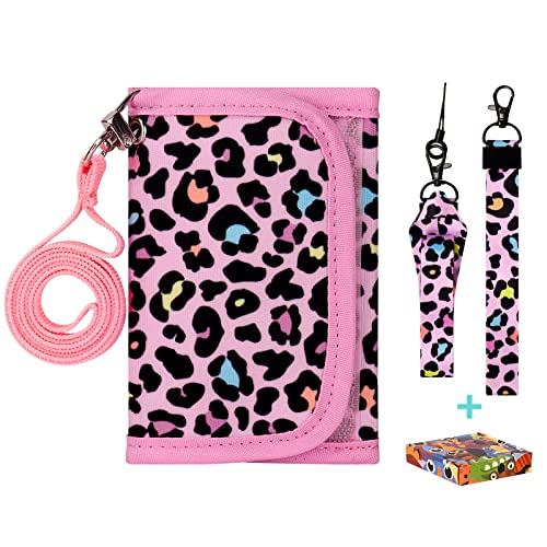 Choco Mocha Girls Wallets for Kids 6-8 8-10, Kids Wallets for Girls 10-12 Trifold Wallet with Lanyard Gift Box 4 5 6 7 8 Year Old Girl Gifts, Leopard-Pink - Image 1
