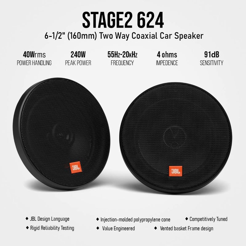 JBL Stage2 624 6.5" 2-Way Coaxial Car Speakers - Nominal Speaker 40W, Peak Power 240