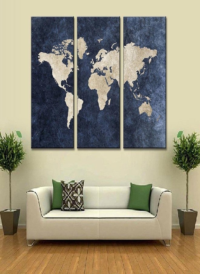TECHBITE Multiple frames Split Painting on 5 mm White Sun board. World Map on Navy Panels wall art - 3 Frames Wall Decor. Ready to hang (48" x 32") - Image 1
