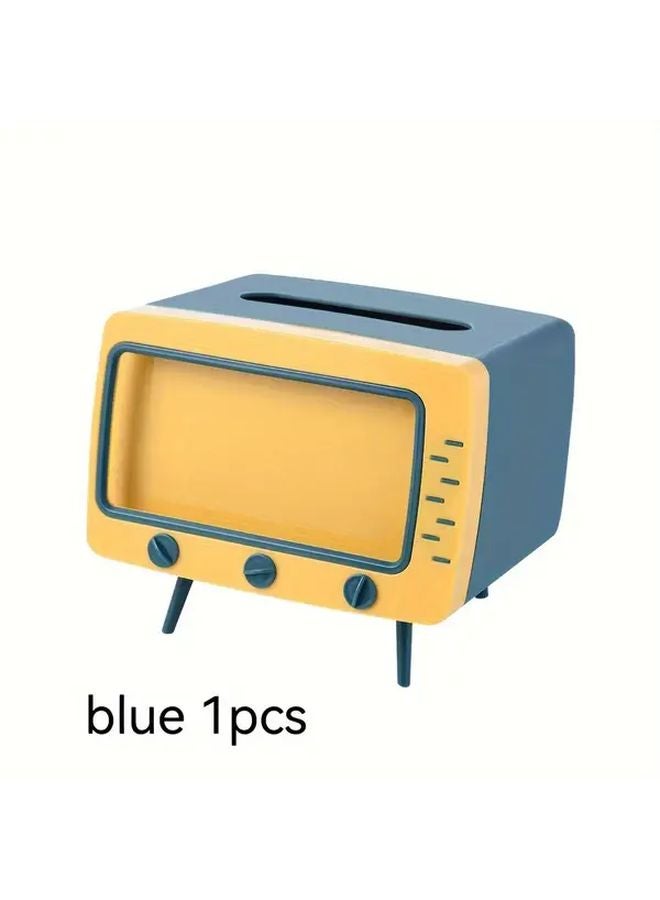 حامل علبة المناديل على شكل تلفزيون ريترو أزرق مع حامل هاتف - ديكور منزلي كلاسيكي - Image 1