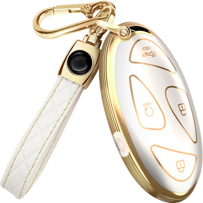 Lucrum Compatible with Hyundai Key Fob Cover & Leather Keychain, Keyfob Case for Santa Fe, Sonata, Tucson, Grandeur, Ioniq 6, KONA, Elantra - For 5 Button Remote (2022-2025) - White and Gold - Image 1