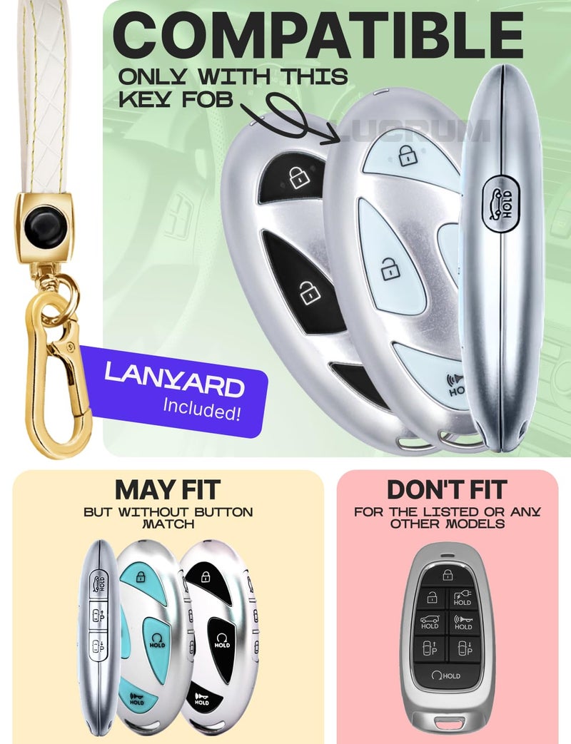 Lucrum Compatible with Hyundai Key Fob Cover & Leather Keychain, Keyfob Case for Santa Fe, Sonata, Tucson, Grandeur, Ioniq 6, KONA, Elantra - For 5 Button Remote (2022-2025) - White and Gold - Image 2