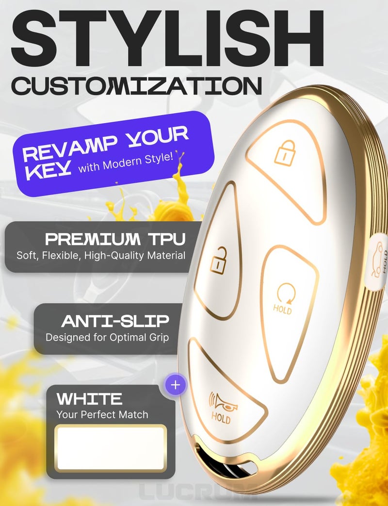 Lucrum Compatible with Hyundai Key Fob Cover & Leather Keychain, Keyfob Case for Santa Fe, Sonata, Tucson, Grandeur, Ioniq 6, KONA, Elantra - For 5 Button Remote (2022-2025) - White and Gold - Image 3