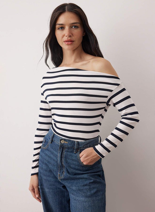 trendyol Navy Blue Striped Premium Soft Fabric Fitted Boat Neck Knitted Blouse - Image 2