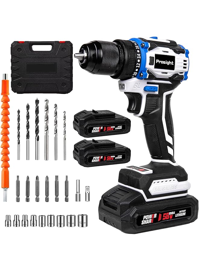 erorex 58V Cordless Drill Brushless Power Drill Set With 2 Batteries And Charger 3 8 Inch Chuck Electric Drill Driver 25 Torque Setting 2 Variable Speed Led Light Drill Driver Bits Included - Image 1
