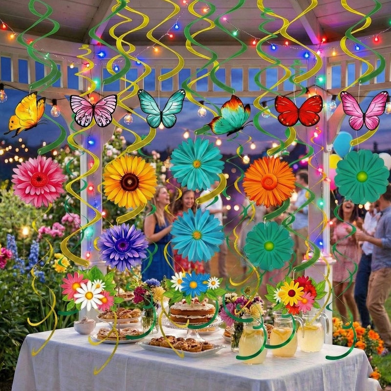 ChunRun Spring Decor for Home - 49Pcs Hanging Flower Butterfly Hanging Swirls with Led Lights for Spring Summer Easter Flower Butterfly Themed Birthday Party Decorations (Flower) - Image 1