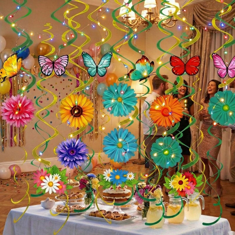 ChunRun Spring Decor for Home - 49Pcs Hanging Flower Butterfly Hanging Swirls with Led Lights for Spring Summer Easter Flower Butterfly Themed Birthday Party Decorations (Flower) - Image 4