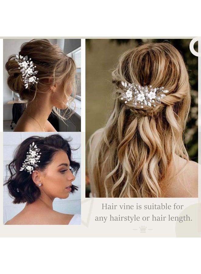 Unicra Silver Flower Bride Wedding Hair Vine Leaf Bridal Hair Piece Rhinestone Hair Accessories Beaded Headpieces Jewelry for Women and Girls (Silver) - Image 3