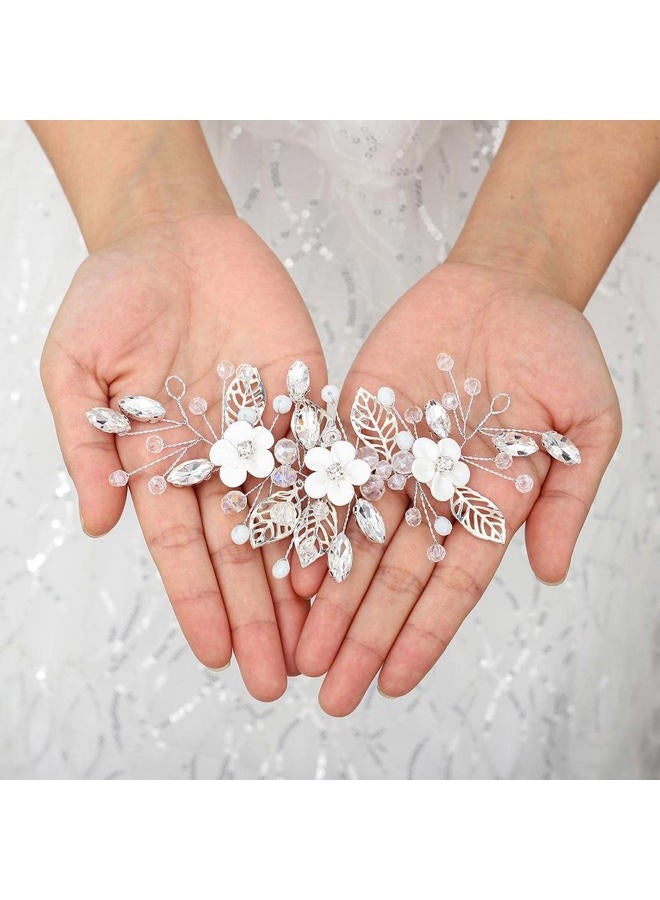 Unicra Silver Flower Bride Wedding Hair Vine Leaf Bridal Hair Piece Rhinestone Hair Accessories Beaded Headpieces Jewelry for Women and Girls (Silver) - Image 2