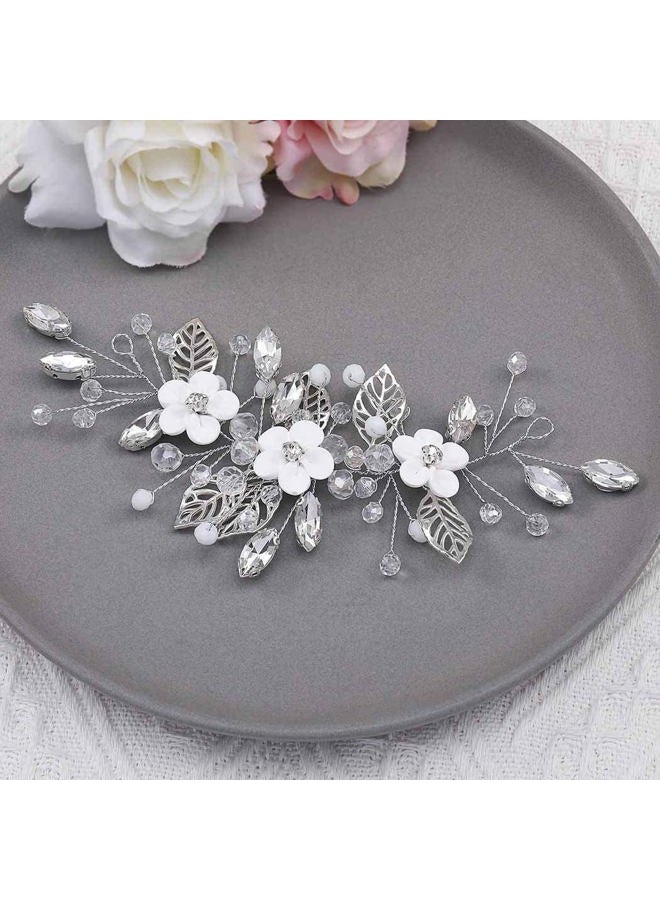 Unicra Silver Flower Bride Wedding Hair Vine Leaf Bridal Hair Piece Rhinestone Hair Accessories Beaded Headpieces Jewelry for Women and Girls (Silver) - Image 4