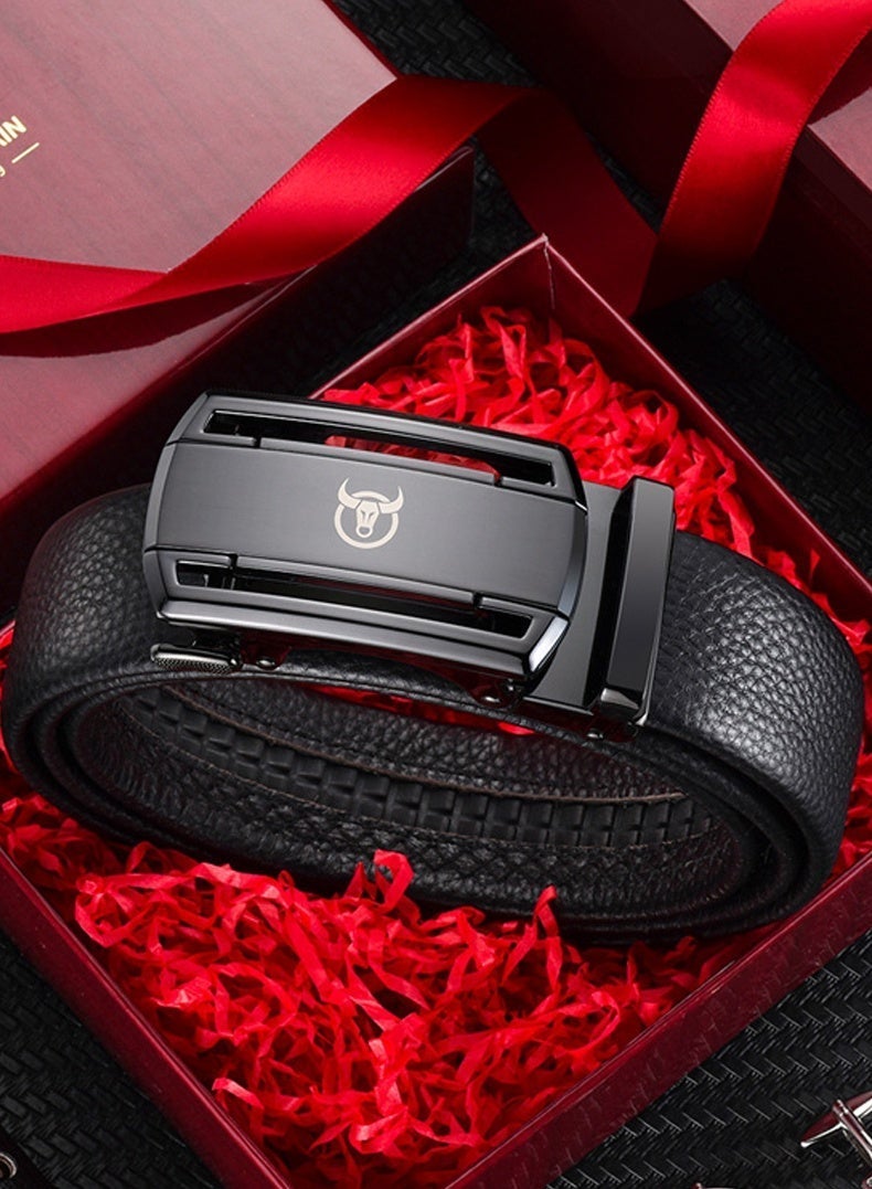BULLCAPTAIN Classic Black Leather Automatic Buckle Men's Belt | Premium Leather & Alloy Ratchet Dress Belt for Business & Casual Wear - Image 2