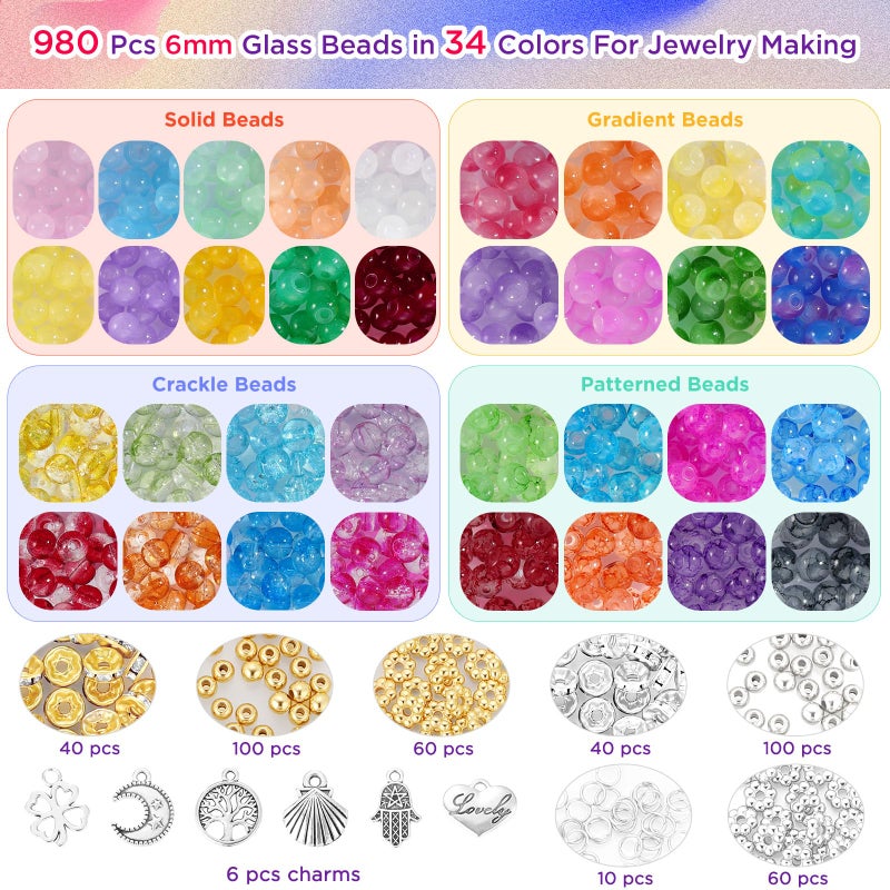 Funtopia Glass Beads for Bracelets 6mm, 1396pcs Bracelet Making Kit 34 Colors Glass Beads for Jewelry Making, Crystal Beads for Bracelets DIY Crafts with Spacer Beads and Charms - Image 2