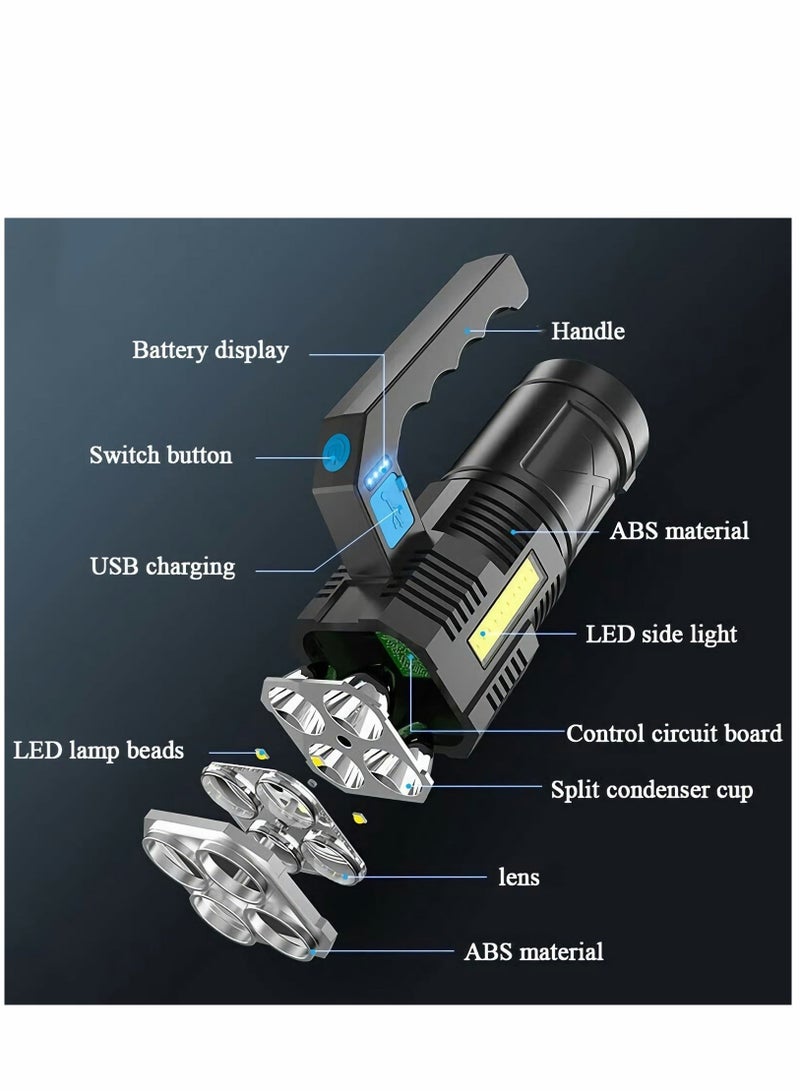 LED Flashlight Rechargeable, Handheld Torch Light for Outdoor Camping Emergency, 4 LED Zoomable Waterproof Ultra Bright USB Searchlight with COB Work Light - Image 5
