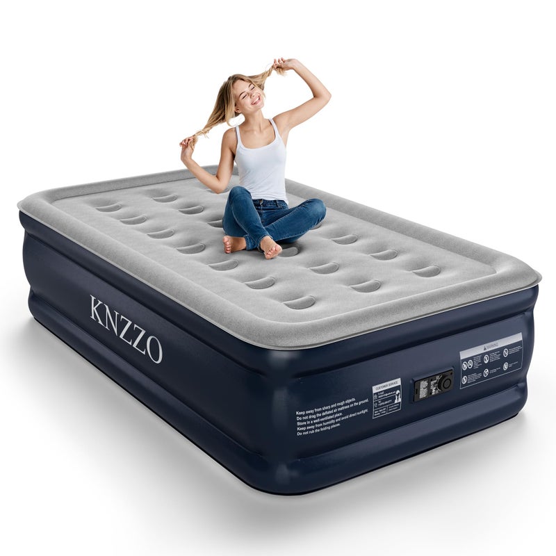 KNZZO Twin Air Mattress with Built-in Pump, 18" Top Inflatable Mattress with Waterproof Flocking Fabric, Three-Minute Quick-Inflatable Bed. Portable Blow Up Mattress for Home, Outdoor and Guests - Image 1