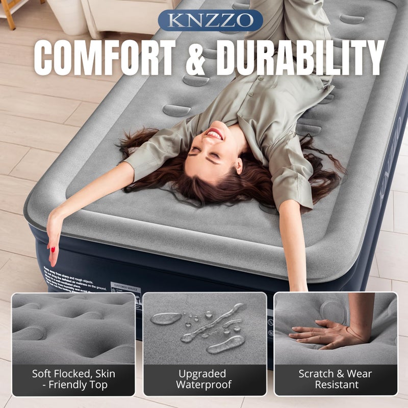 KNZZO Twin Air Mattress with Built-in Pump, 18" Top Inflatable Mattress with Waterproof Flocking Fabric, Three-Minute Quick-Inflatable Bed. Portable Blow Up Mattress for Home, Outdoor and Guests - Image 4