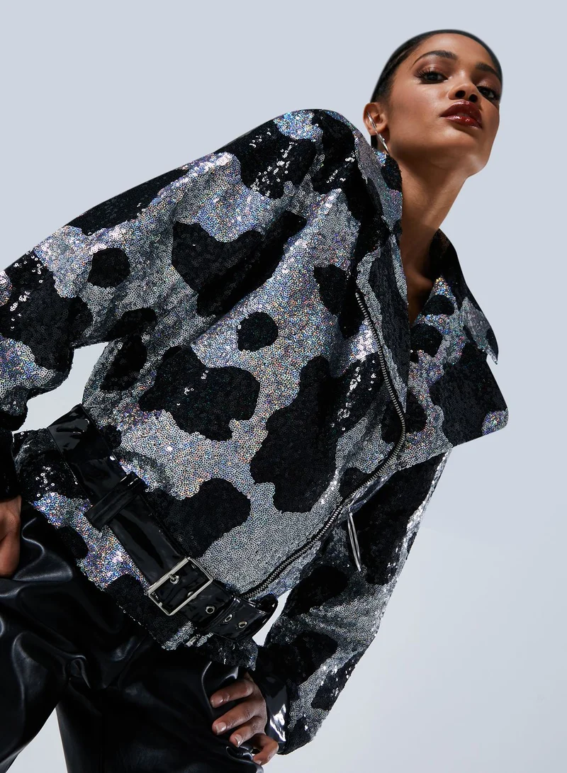 Jaded London Oversized Sequin Cow Print Biker Jacket