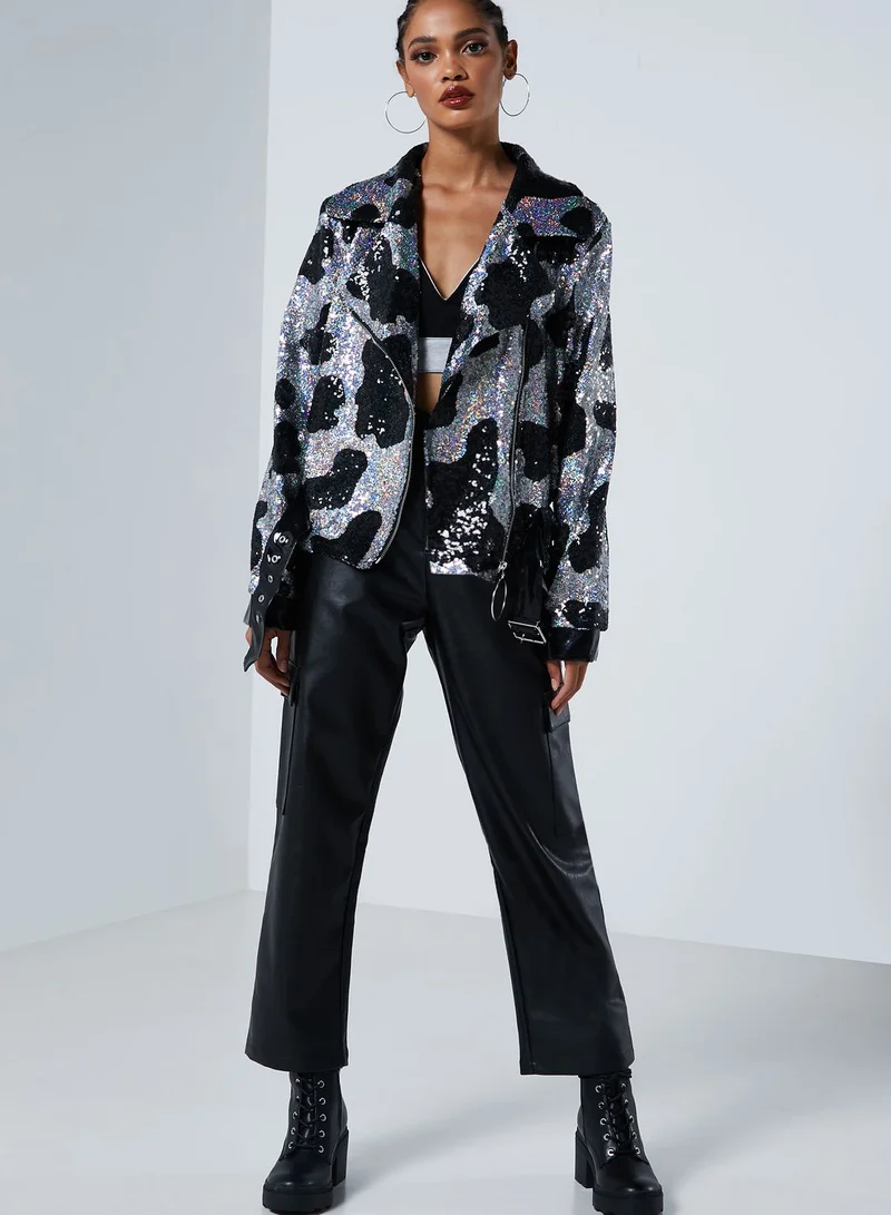 Jaded London Oversized Sequin Cow Print Biker Jacket