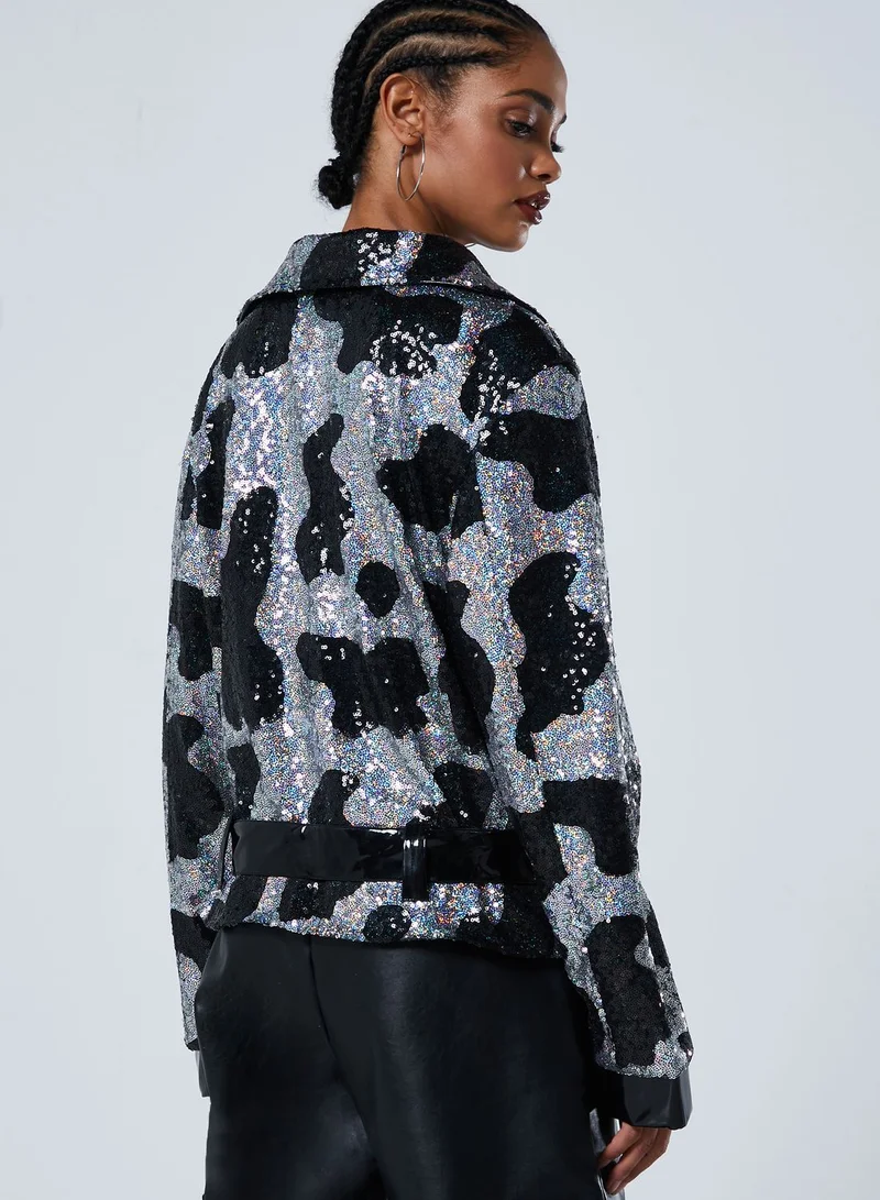 Jaded London Oversized Sequin Cow Print Biker Jacket