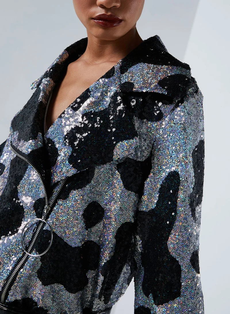 Jaded London Oversized Sequin Cow Print Biker Jacket