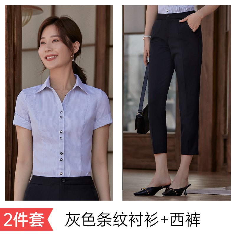 2024 White Shirt Womens Short-sleeved Summer Thin V-neck Elegant Work Clothes Dress Non-ironing Striped Stretch Shirt Grey striped + trousers 